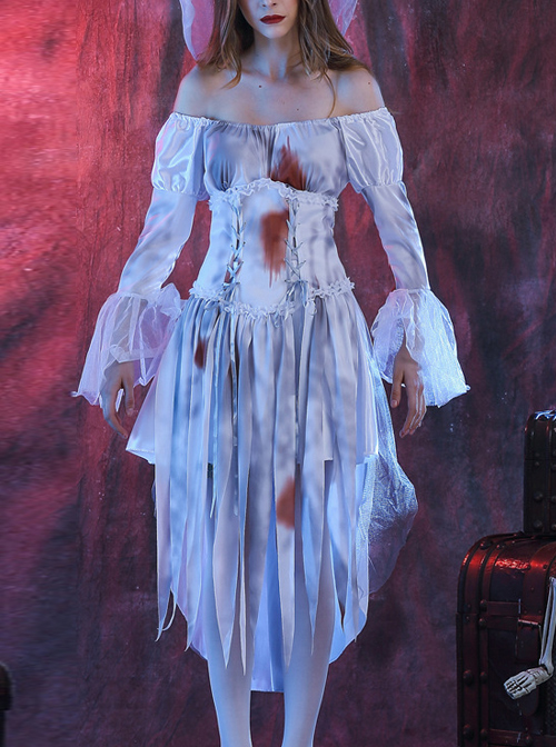 Long Grey-white Boat Neck Lace Long Sleeve Bleeding Dress Thriller Bloody Halloween Ghost Bride Zombie Vampire Costume Female