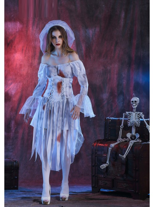 Long Grey-white Boat Neck Lace Long Sleeve Bleeding Dress Thriller Bloody Halloween Ghost Bride Zombie Vampire Costume Female