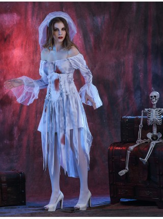 Long Grey-white Boat Neck Lace Long Sleeve Bleeding Dress Thriller Bloody Halloween Ghost Bride Zombie Vampire Costume Female