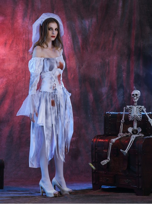 Long Grey-white Boat Neck Lace Long Sleeve Bleeding Dress Thriller Bloody Halloween Ghost Bride Zombie Vampire Costume Female