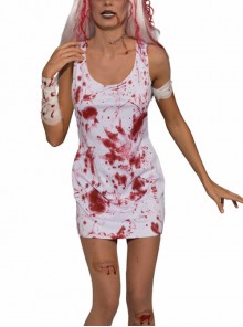 White Thriller Bloody Sleeveless Short Dress Set With Wrist Bandage Halloween Vampire Zombie Ghost Bride Costume