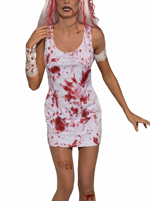 White Thriller Bloody Sleeveless Short Dress Set With Wrist Bandage Halloween Vampire Zombie Ghost Bride Costume