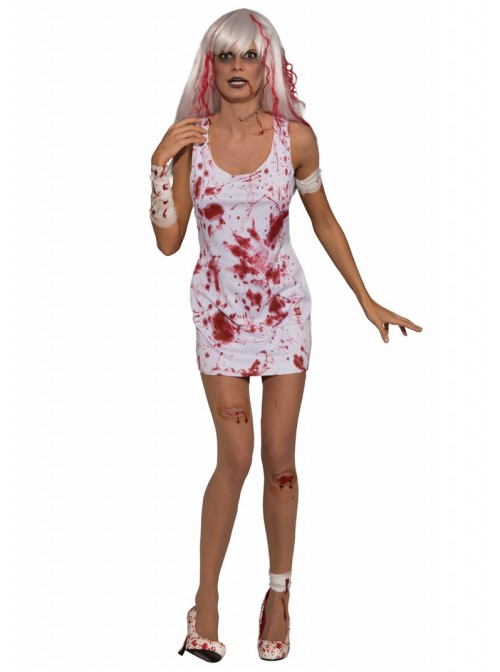 White Thriller Bloody Sleeveless Short Dress Set With Wrist Bandage Halloween Vampire Zombie Ghost Bride Costume