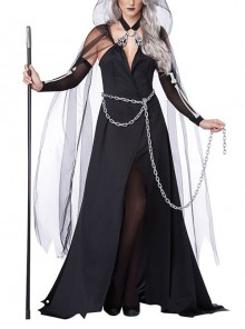 Mesh Hat Cape Cloak Waist Chain Black Deep V Long Dress Goddess Of Hell Set Halloween Demon Witch Vampire Costume