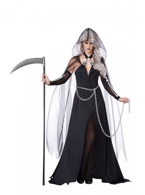 Mesh Hat Cape Cloak Waist Chain Black Deep V Long Dress Goddess Of Hell Set Halloween Demon Witch Vampire Costume