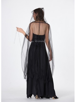 Mesh Hat Cape Cloak Waist Chain Black Deep V Long Dress Goddess Of Hell Set Halloween Demon Witch Vampire Costume