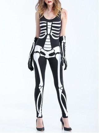 Black-white Low Collar Skeleton Sleeveless Bodysuit With Gloves Halloween Demon Vampire Costume Female