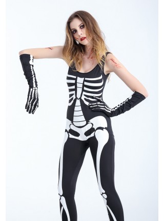Black-white Low Collar Skeleton Sleeveless Bodysuit With Gloves Halloween Demon Vampire Costume Female