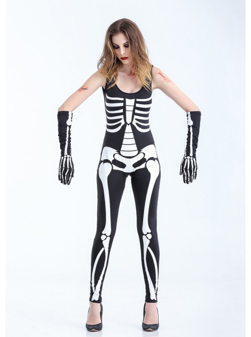 Black-white Low Collar Skeleton Sleeveless Bodysuit With Gloves Halloween Demon Vampire Costume Female