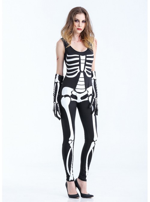 Black-white Low Collar Skeleton Sleeveless Bodysuit With Gloves Halloween Demon Vampire Costume Female