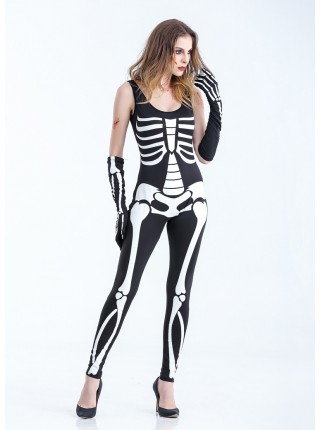 Black-white Low Collar Skeleton Sleeveless Bodysuit With Gloves Halloween Demon Vampire Costume Female