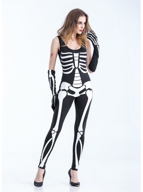 Black-white Low Collar Skeleton Sleeveless Bodysuit With Gloves Halloween Demon Vampire Costume Female