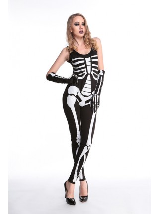 Black-white Low Collar Skeleton Sleeveless Bodysuit With Gloves Halloween Demon Vampire Costume Female