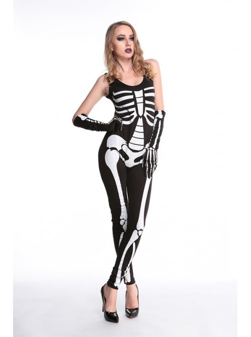 Black-white Low Collar Skeleton Sleeveless Bodysuit With Gloves Halloween Demon Vampire Costume Female