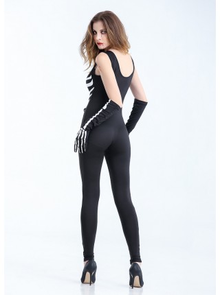 Black-white Low Collar Skeleton Sleeveless Bodysuit With Gloves Halloween Demon Vampire Costume Female