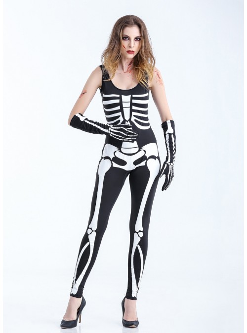 Black-white Low Collar Skeleton Sleeveless Bodysuit With Gloves Halloween Demon Vampire Costume Female