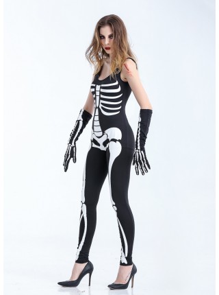 Black-white Low Collar Skeleton Sleeveless Bodysuit With Gloves Halloween Demon Vampire Costume Female