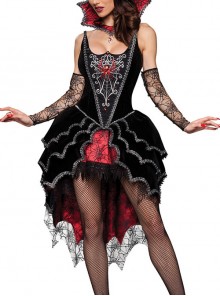 Black Unique Retro Printed Low Collar Sleeveless Red Bow Spider Web Decoration Short Dress Set Halloween Witch Earl Vampire Costume