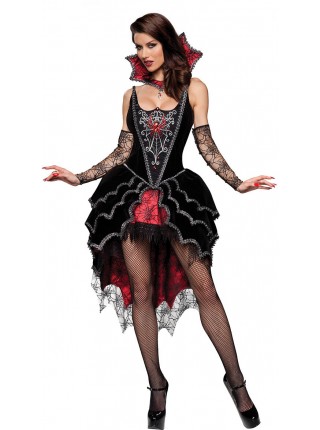 Black Unique Retro Printed Low Collar Sleeveless Red Bow Spider Web Decoration Short Dress Set Halloween Witch Earl Vampire Costume