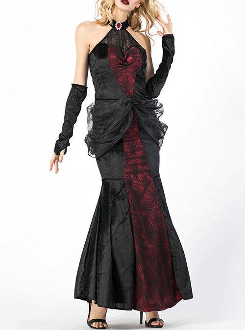 Black-red Sleeveless Backless Slim Fishtail Long Dress Halloween Ghost Bride Set Vampire Demon Earl Costume Female