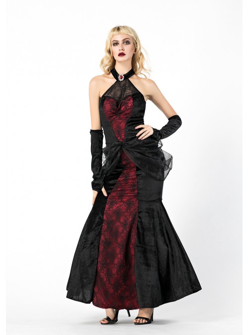 Black-red Sleeveless Backless Slim Fishtail Long Dress Halloween Ghost Bride Set Vampire Demon Earl Costume Female