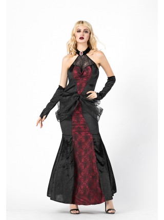 Black-red Sleeveless Backless Slim Fishtail Long Dress Halloween Ghost Bride Set Vampire Demon Earl Costume Female