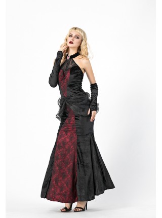 Black-red Sleeveless Backless Slim Fishtail Long Dress Halloween Ghost Bride Set Vampire Demon Earl Costume Female