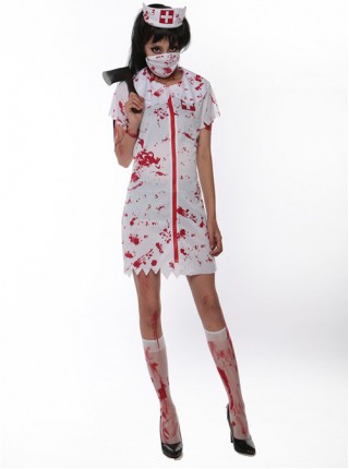 White Bloody Ghost Nurse Dress Hat Mask Set Halloween Vampire Zombie Costume Couple Female