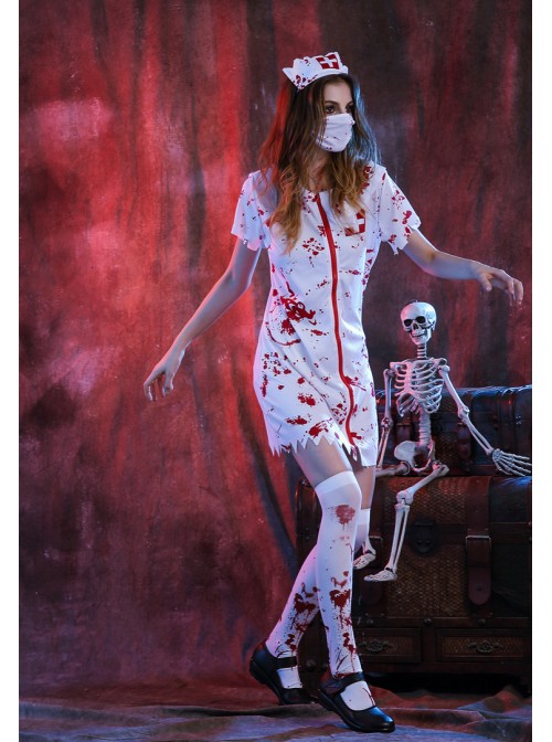 White Bloody Ghost Nurse Dress Hat Mask Set Halloween Vampire Zombie Costume Couple Female