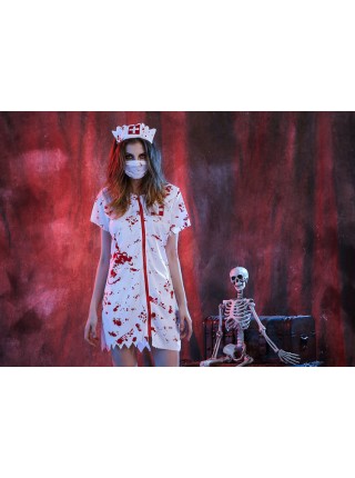 White Bloody Ghost Nurse Dress Hat Mask Set Halloween Vampire Zombie Costume Couple Female