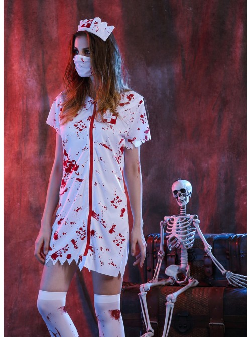 White Bloody Ghost Nurse Dress Hat Mask Set Halloween Vampire Zombie Costume Couple Female