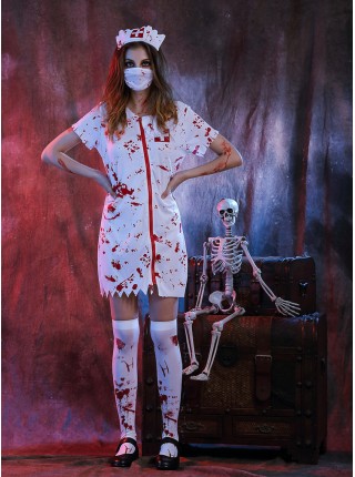 White Bloody Ghost Nurse Dress Hat Mask Set Halloween Vampire Zombie Costume Couple Female