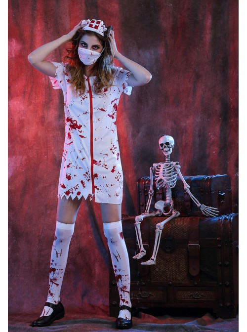 White Bloody Ghost Nurse Dress Hat Mask Set Halloween Vampire Zombie Costume Couple Female