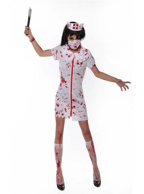 White Bloody Ghost Nurse Dress Hat Mask Set Halloween Vampire Zombie Costume Couple Female