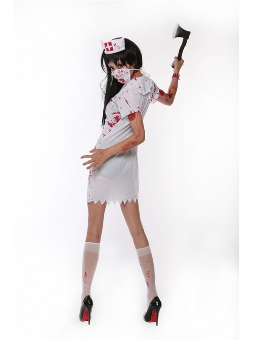 White Bloody Ghost Nurse Dress Hat Mask Set Halloween Vampire Zombie Costume Couple Female