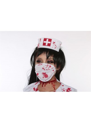 White Bloody Ghost Nurse Dress Hat Mask Set Halloween Vampire Zombie Costume Couple Female