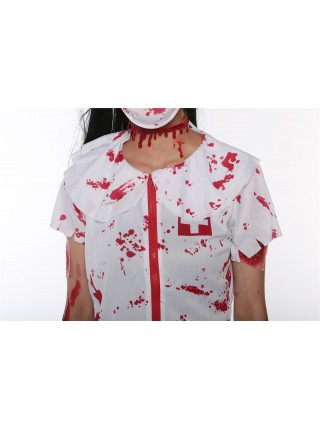 White Bloody Ghost Nurse Dress Hat Mask Set Halloween Vampire Zombie Costume Couple Female