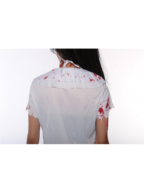 White Bloody Ghost Nurse Dress Hat Mask Set Halloween Vampire Zombie Costume Couple Female