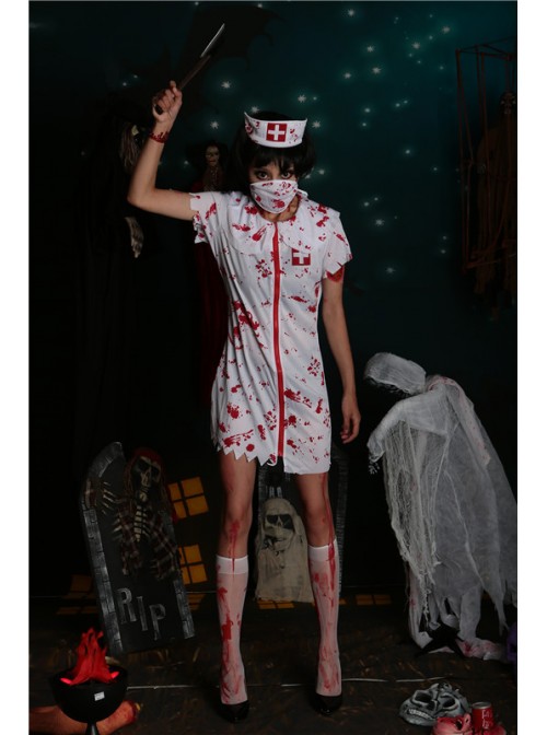 White Bloody Ghost Nurse Dress Hat Mask Set Halloween Vampire Zombie Costume Couple Female