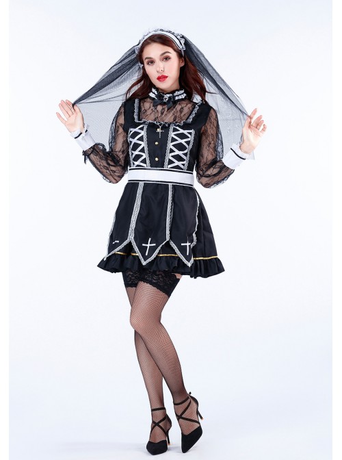 Black Square Collar Sleeveless Lace Bow Cross Nun Short Dress Set Halloween Ghost Bride Vampire Costume Couple Female