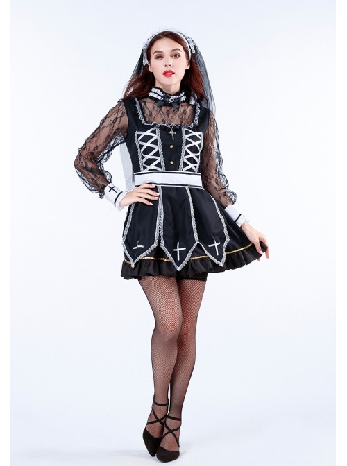 Black Square Collar Sleeveless Lace Bow Cross Nun Short Dress Set Halloween Ghost Bride Vampire Costume Couple Female