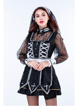 Black Square Collar Sleeveless Lace Bow Cross Nun Short Dress Set Halloween Ghost Bride Vampire Costume Couple Female