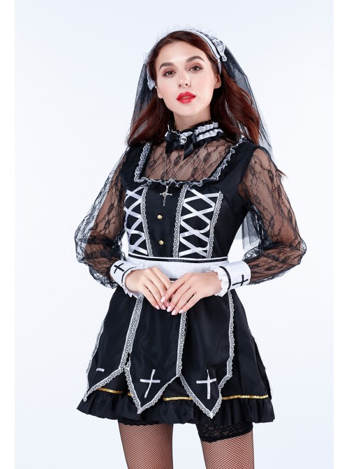 Black Square Collar Sleeveless Lace Bow Cross Nun Short Dress Set Halloween Ghost Bride Vampire Costume Couple Female