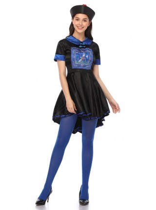 Chinese Style Black Short Sleeve Short Dress Chinese Zombie Ghost Suit Halloween Demon Vampire Costume Female