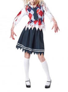 Bloody Gingham Top Blue Short Skirt Zombie Students Suit Halloween Vampire Demon Costume Female