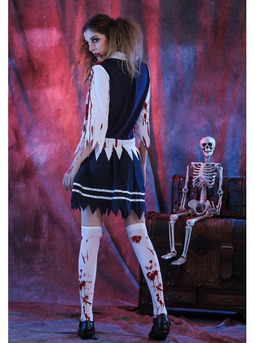 Bloody Gingham Top Blue Short Skirt Zombie Students Suit Halloween Vampire Demon Costume Female