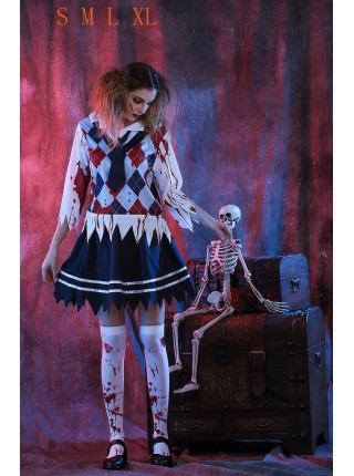 Bloody Gingham Top Blue Short Skirt Zombie Students Suit Halloween Vampire Demon Costume Female