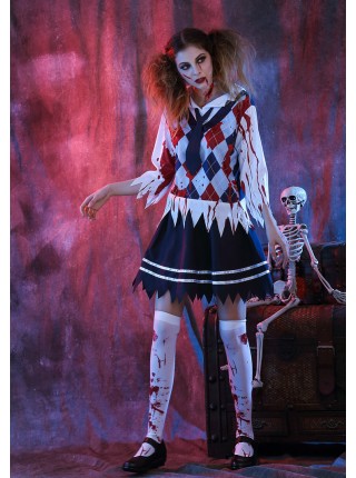 Bloody Gingham Top Blue Short Skirt Zombie Students Suit Halloween Vampire Demon Costume Female