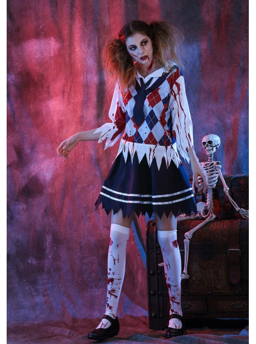 Bloody Gingham Top Blue Short Skirt Zombie Students Suit Halloween Vampire Demon Costume Female