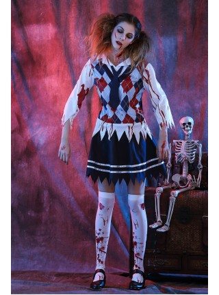 Bloody Gingham Top Blue Short Skirt Zombie Students Suit Halloween Vampire Demon Costume Female